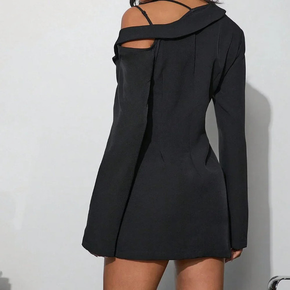 Black Elegant Women's Sexy Solid Asymmetrical Blazer Mini Dress - Picture 4 of 6